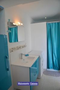 a bathroom with a sink and a blue shower curtain at Villa des 4 saisons in Saint-Trojan-les-Bains