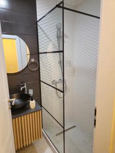 a shower with a glass door in a bathroom at Bizi House Accommodation 2 in Drobeta-Turnu Severin