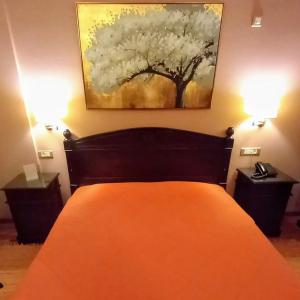 ein Schlafzimmer mit einem Bett und einem Wandgemälde in der Unterkunft Vytina Mountain View Hotel in Vitina