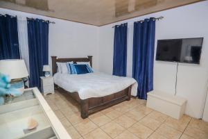 a bedroom with a bed with blue curtains and a tv at Casa Nella in Tamarindo