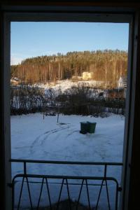 Ljungaverk的住宿－Ljungaverk fin lägenhet 90 m² 5.，从窗户可欣赏到雪地的景色