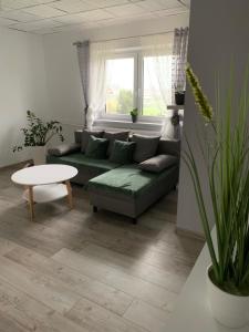 a living room with a green couch and a table at Agroturystyka Pod Dzwonnicą in Zubrzyca Górna