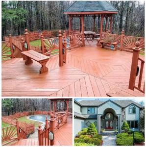 una terrazza in legno con gazebo e panca di Luxury Mansion Rentals in Niskayuna, NY (USA) a Schenectady