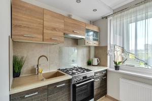 a kitchen with wooden cabinets and a stove and a sink at Tower View Apartment in Vilnius