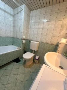 uma casa de banho com uma banheira, um WC e um lavatório. em Apartman Azra em Usje