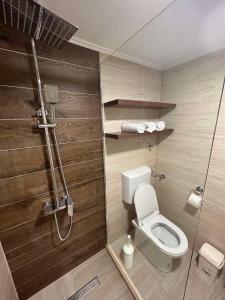 ein kleines Badezimmer mit Toilette und Dusche in der Unterkunft Apartman Dušan Trebinje in Trebinje