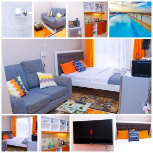 a collage of four pictures of a living room at Comfy Studio Apartment with Pool in Nairobi