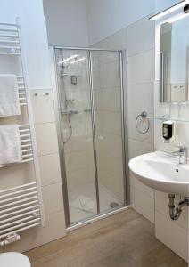 y baño con ducha y lavamanos. en Pension Töpferhof en Tangermünde