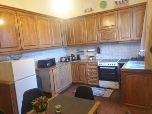 a kitchen with wooden cabinets and a white refrigerator at Great View City Appartment in Agios Rokkos