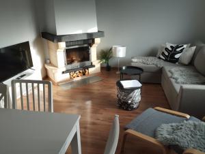 a living room with a couch and a fireplace at Viscosa Holiday Apartment in Kõrgessaare