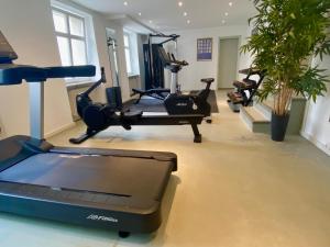 a gym with two exercise bikes and a treadmill at Schlosshotel Karlsruhe in Karlsruhe