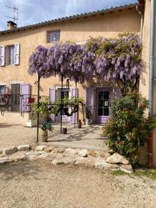 Lagnieu的住宿－GITE DU ROY D'AMONT (Plaine de l'Ain)，前面有紫色花卉的房屋