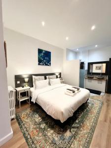 1 dormitorio con 1 cama blanca grande con alfombra en SalutBB Chambre d'hote, en Carcassonne