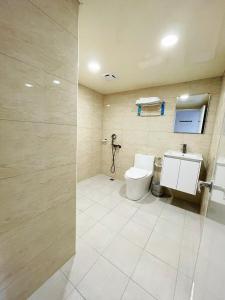 宜蘭市的住宿－可青大飯店Grand Ke-Cing Hotel，一间带卫生间和水槽的浴室