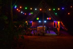 een kamer met een tent met verlichting in het donker bij Akash Treehouse in Sigiriya