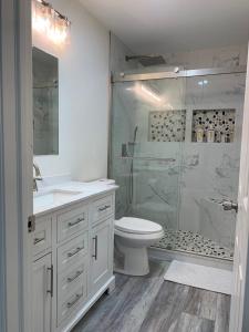 bagno bianco con doccia e servizi igienici di School Village Walk-in shower and jetted tub a Elizabethtown