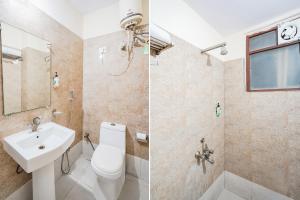 two pictures of a bathroom with a toilet and a sink at FabHotel Green view palace in Indirapuram