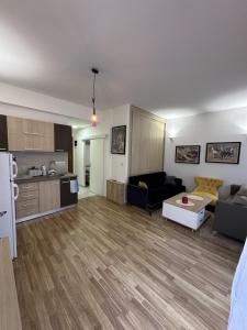 Forest View Apartment في مافروفو: غرفة معيشة مع أريكة ومطبخ