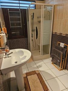 a bathroom with a white sink and a shower at Chambre Wassai in Rémiré