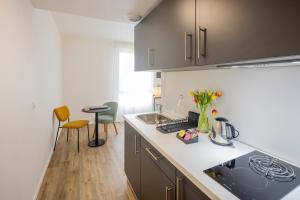 a kitchen with a sink and a counter top at All Suites Appart Hôtel - Le Havre Centre - Les docks in Le Havre