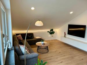 uma sala de estar com um sofá e uma televisão em Allgäu Zimmer LeAndi em Memmingen
