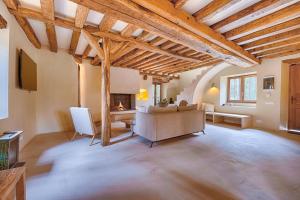 ein Wohnzimmer mit einem Sofa und einem Kamin in der Unterkunft Luxury Moulin de Rochopt in Boussy-Saint-Antoine