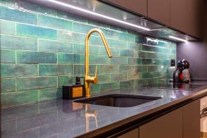 Il comprend une cuisine avec un évier et un mur carrelé vert. dans l'établissement Suite Deluxe Valencia - AIORA Apartments, à Valence 138 autres photos