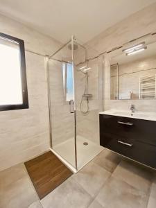 bagno con doccia e lavandino di BEL'ORIZONTE Proche centre ville et plage, vue mer a Propriano