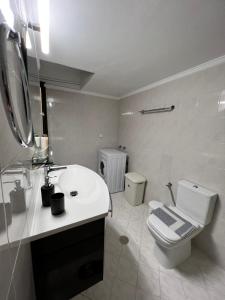 a white bathroom with a toilet and a sink at PanDora Home in Moúdhros +18 photos