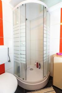 a shower with a glass door in a bathroom at Apartment Sea Organ in Zadar