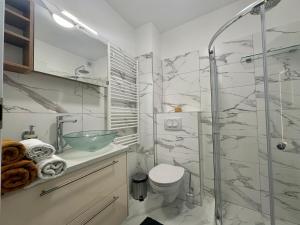 uma casa de banho com um WC e uma cabina de duche em vidro. em Rabbit 2 Apartman em Mosonmagyaróvár
