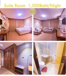 drie foto's van een kamer met een badkamernacht bij Phuphanplace Hotel in Ban Phang Khwang Tai