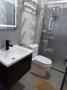 een badkamer met een toilet, een wastafel en een douche bij Luxury Apartment Lavington in Mutomo