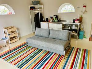 a living room with a couch and a colorful rug at SPOT Jelsum in Jelsum
