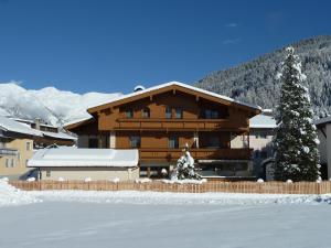 a large building in the snow with a tree at Haus Hochland in Tux