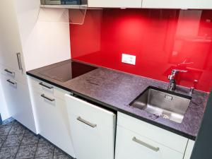 cocina con fregadero y pared roja en Apartment Apt B 093 by Interhome, en Disentis 24 fotos más