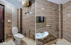 2 immagini di un bagno con servizi igienici e lavandino di Premium stay a Noida