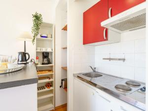 a kitchen with a sink and red cabinets at Studio Bellevue Clemenceau-2 by Interhome in Biarritz +12 photos
