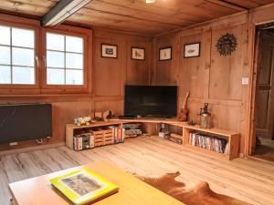 a living room with a flat screen tv and wooden walls at Apartment Feu de Joie by Interhome in Disentis