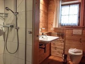 a bathroom with a shower and a sink and a toilet at Apartment Alpina Apt- CH by Interhome in Wengen