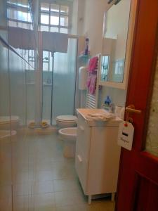 La salle de bains est pourvue de toilettes, d'un lavabo et d'une douche. dans l'établissement Appartamento Pozzostrada, à Turin