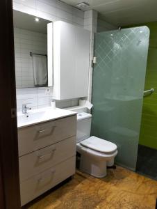 a bathroom with a toilet and a sink and a shower at Moderno y Amplio apartamento Valdeolleros SRosa in Córdoba