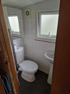 La salle de bains est pourvue de toilettes blanches et d'un lavabo. dans l'établissement The Cabin - a very quiet location, à Pewsey