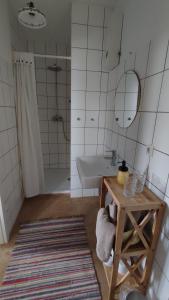 y baño con lavabo, ducha y mesa. en Rittergut Thürungen, en Kelbra
