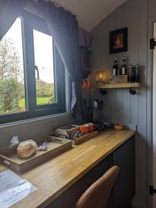 a kitchen with a counter with two windows at Rusty Duck Retreat Shepherds Hut in Shedfield