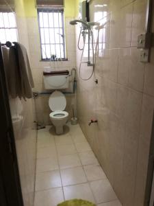 a small bathroom with a toilet and a shower at the APARTMENT house in Mbale