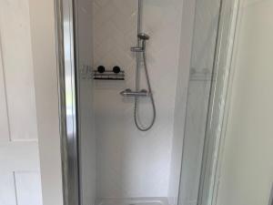 a shower with a glass door in a bathroom at Stunning Victorian Dartmoor House in Yelverton