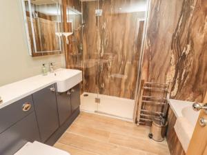 a bathroom with a shower and a sink and a toilet at The Meeting House in Sheepstor