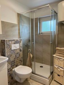 La salle de bains est pourvue d'une douche et de toilettes. dans l'établissement Timeless Sarajevo Apartment, à Sarajevo