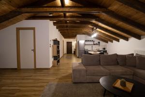 a living room with a couch and a kitchen at Ερυθρελάτη in Kalavrita